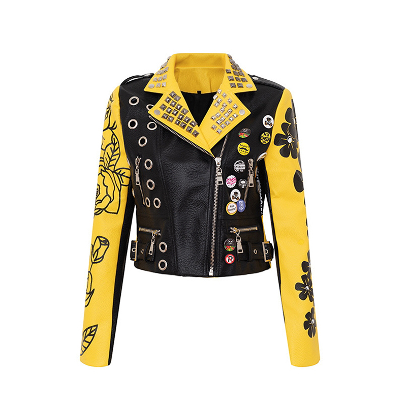0C244M23 Luxury Fashion Customized Leather Clothes for Women European Locomotive Punk Spring and Autumn Short Style Letter Printing