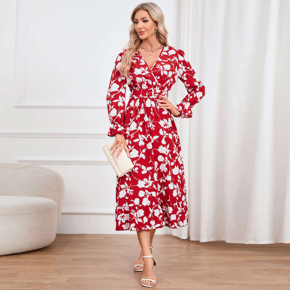 Dopamine V-neck Printed Dress with Hem and Waistband for Women in Large Size