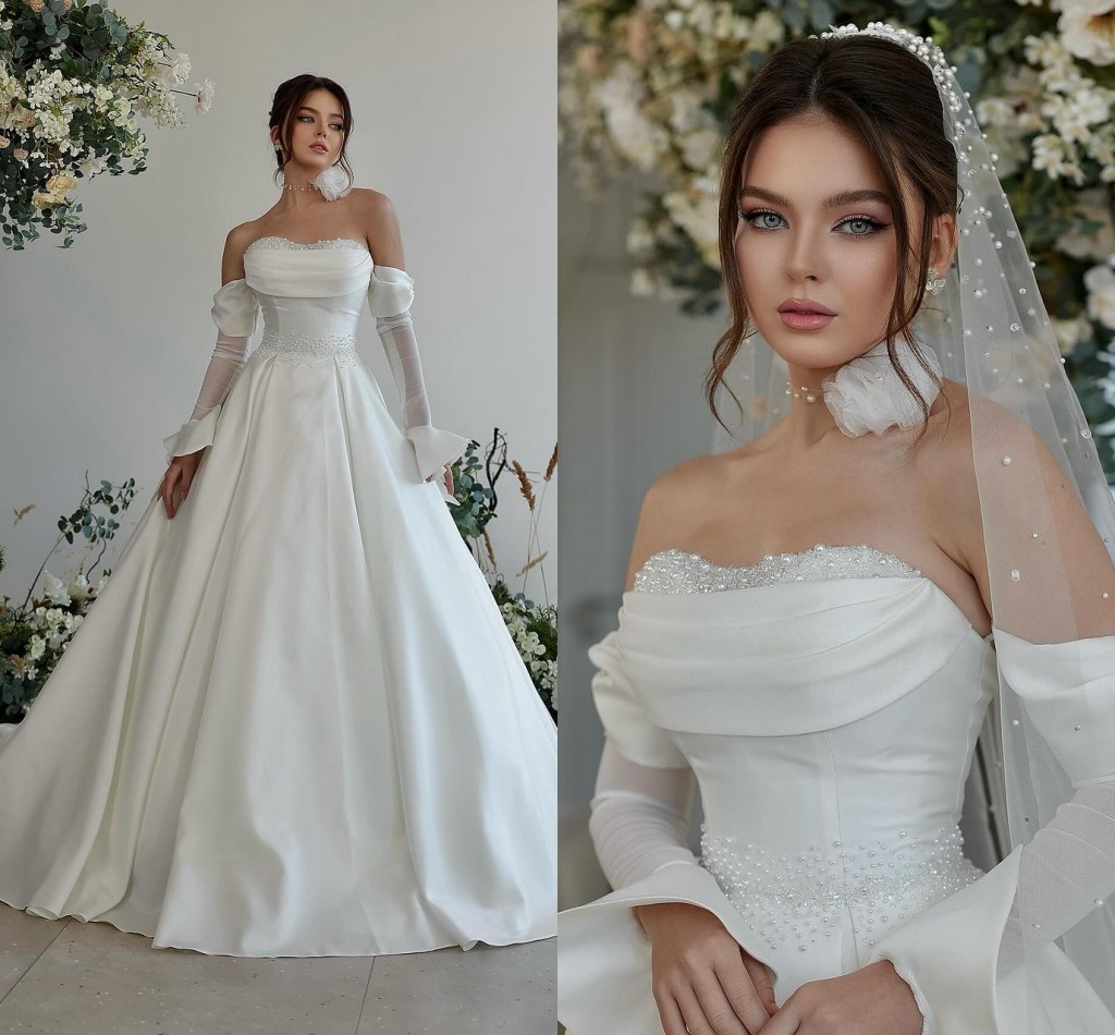 Elegant Plus Size A Line Wedding Dresses Strapless Tiered Satin Pearls Beaded Long Sleeves Sweep Train Beach Boho Bridal Gowns For Wedding Party Custo