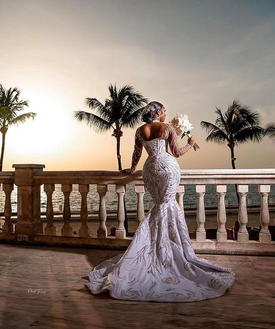 Wedding Mermaid Crystal Dress Llusion High Neck Long Sleeve Plus Size Bridal Gowns Beads Bride Dresses Robes De Mariee Es