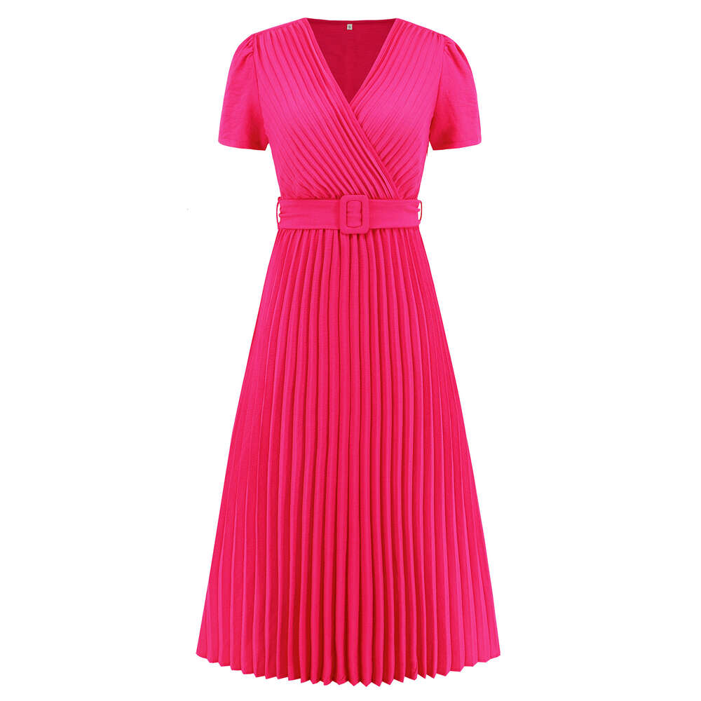 Pleated Waist Closure for Slimming Temperament in Women's Summer New V-neck Dress, Long Pleated Skirt
