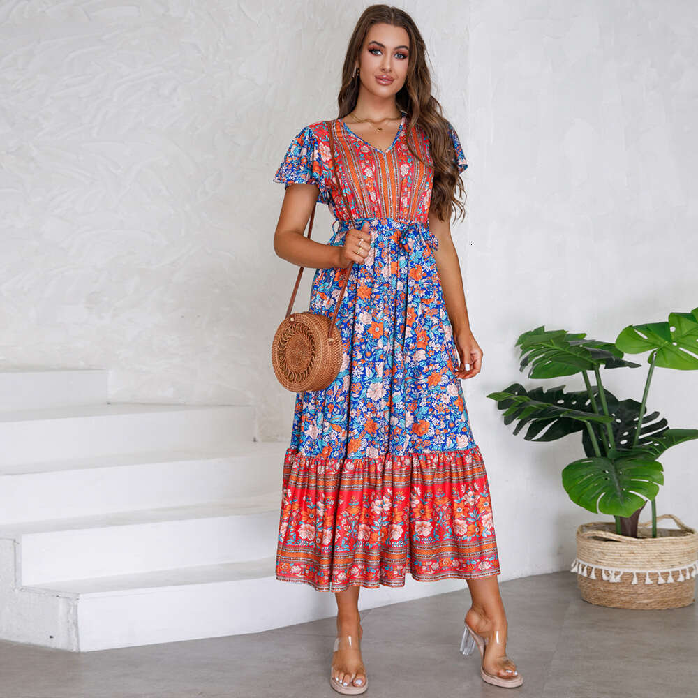 Women's 2024 Summer New V-neck Ruffle Sleeve Floral Print Long Dress