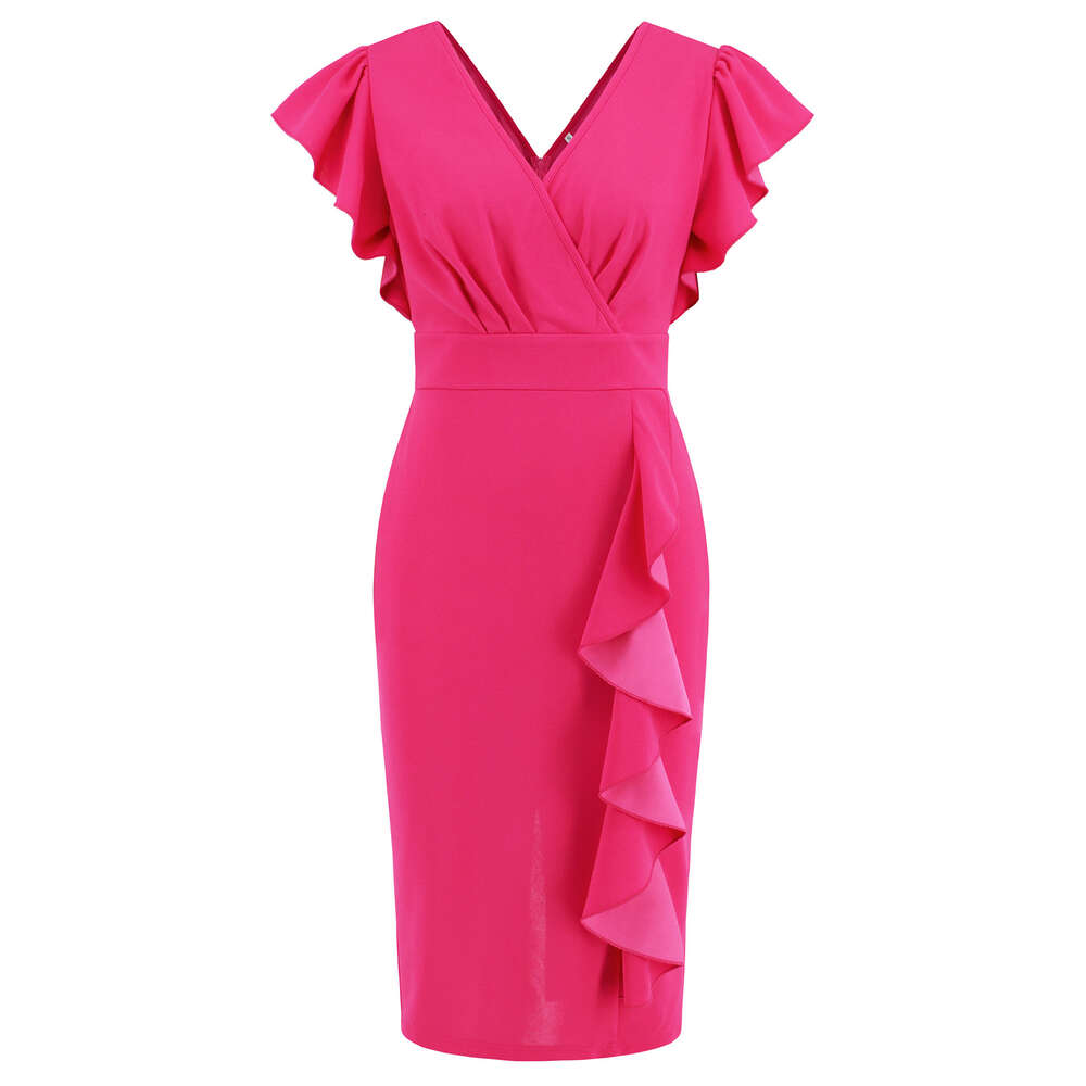 Professional Summer New Women's V-neck Ruffle Edge Slim Fit Style Dress