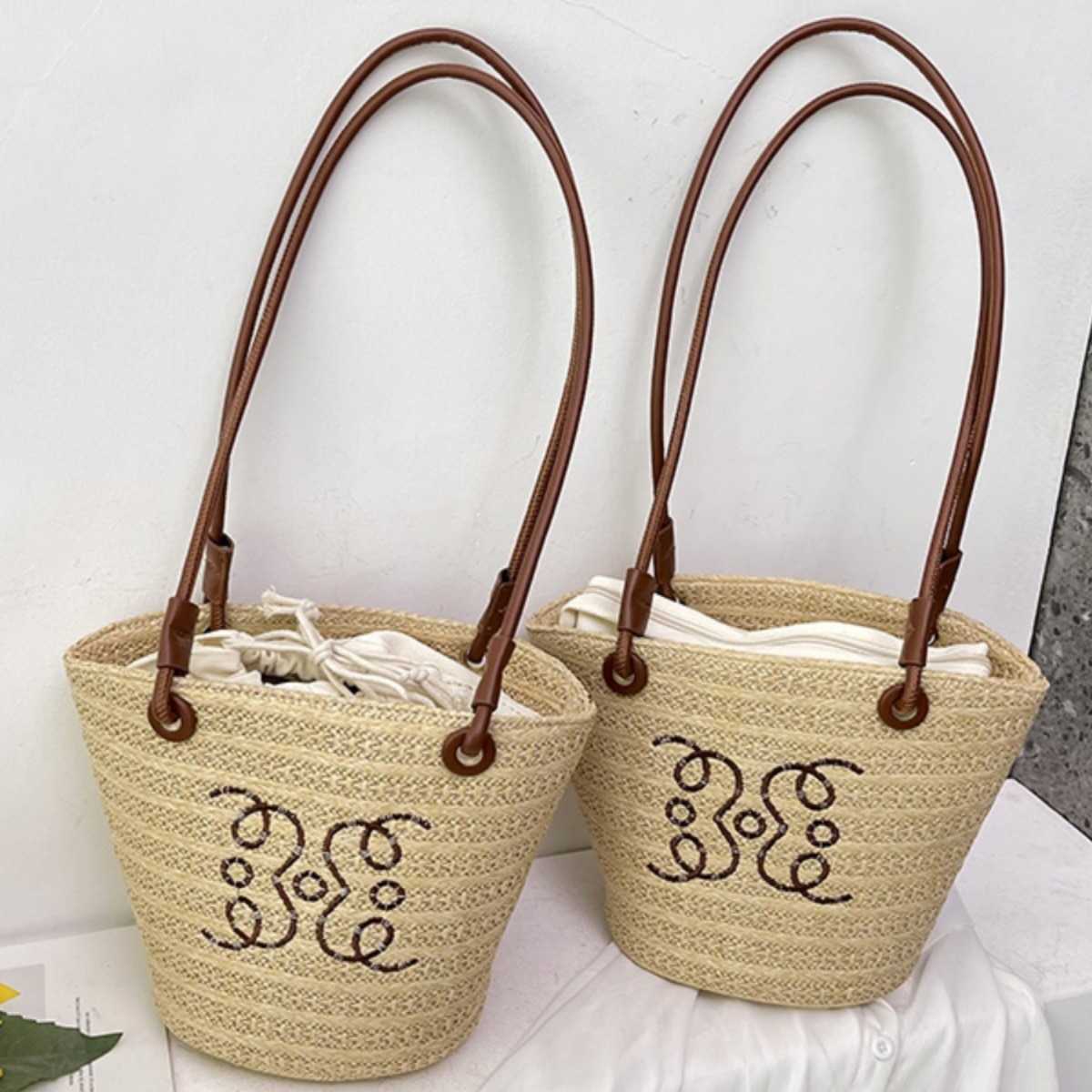 Women's High Capacity Woven Grass Bag Shoulder Summer Beach Water Bucket