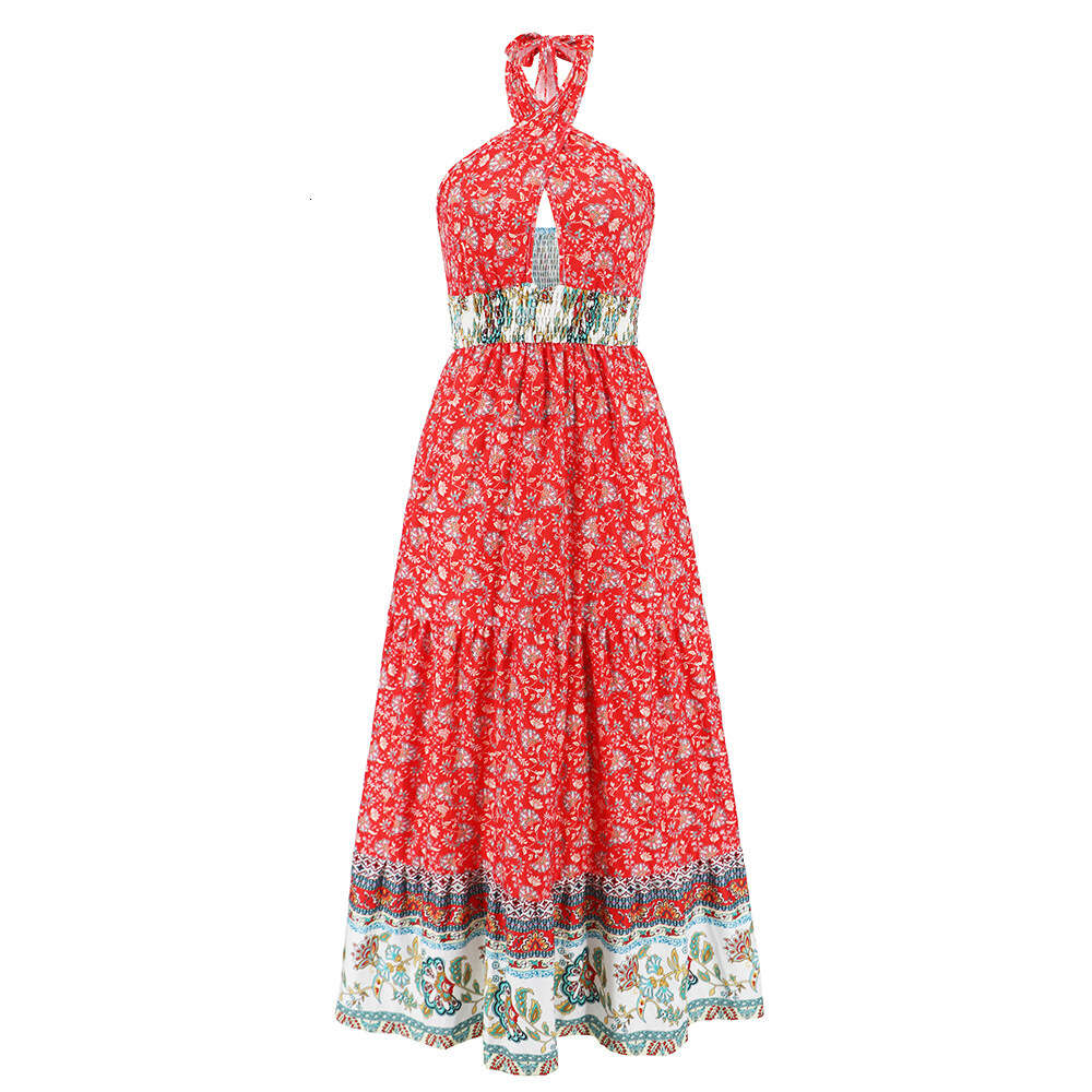 Sexy Cross Strap Hanging Neck Summer Women's New Bohemian Floral Dress