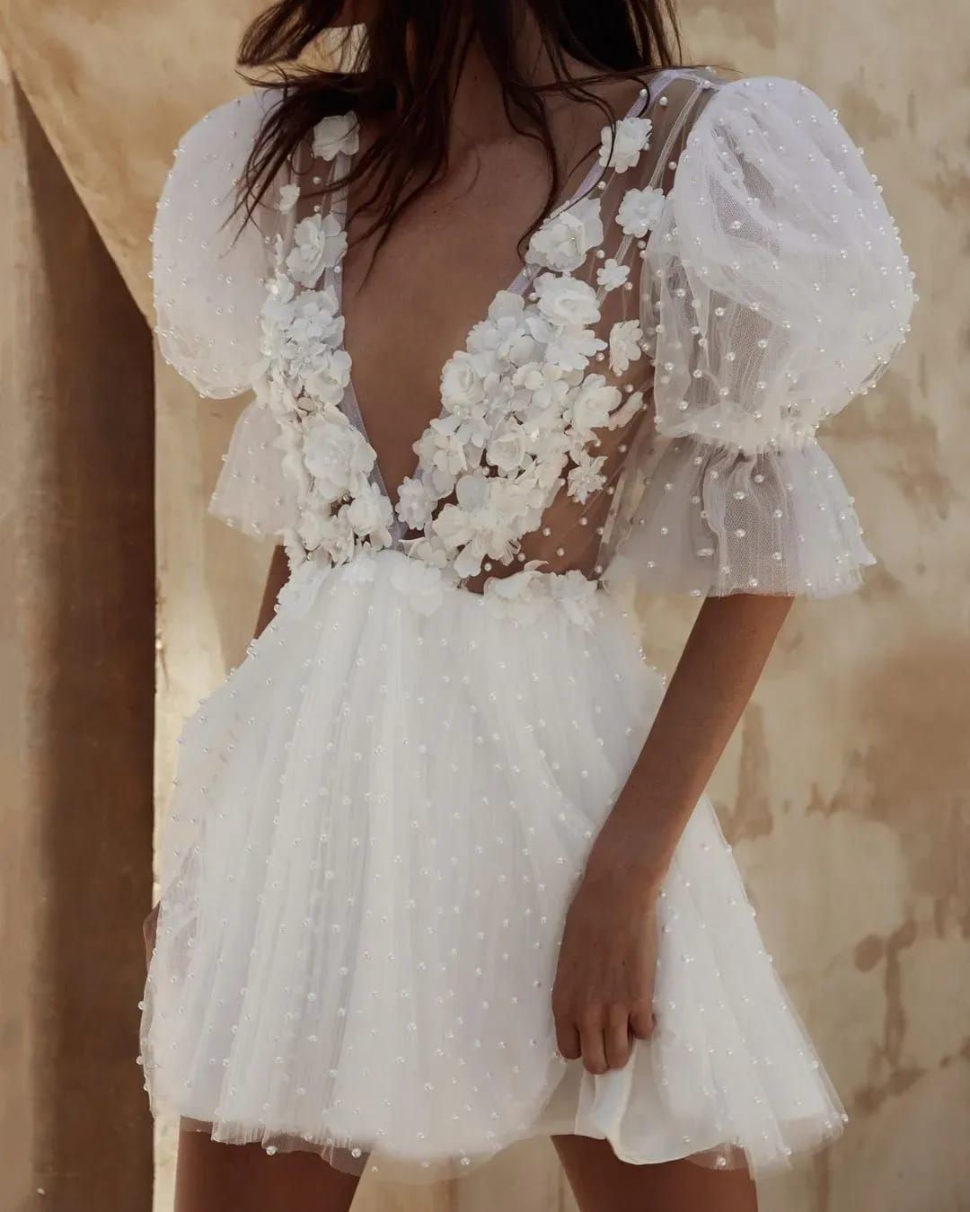 Puffy Sleeves Ivory Short Prom Dress 3D Floral Flowers Evening Party Gown Pearls Tail Pageant Gowns Sexy Backless Custom Made 0510