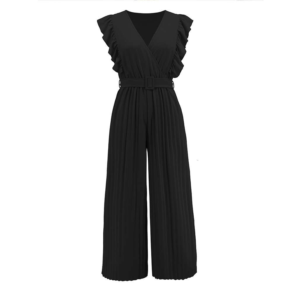 New Sexy Slim Fit Temperament Jumpsuit High Waist Sleeveless Ruffle V-neck 100 Pleated Wide Leg Skirt Pants for Women