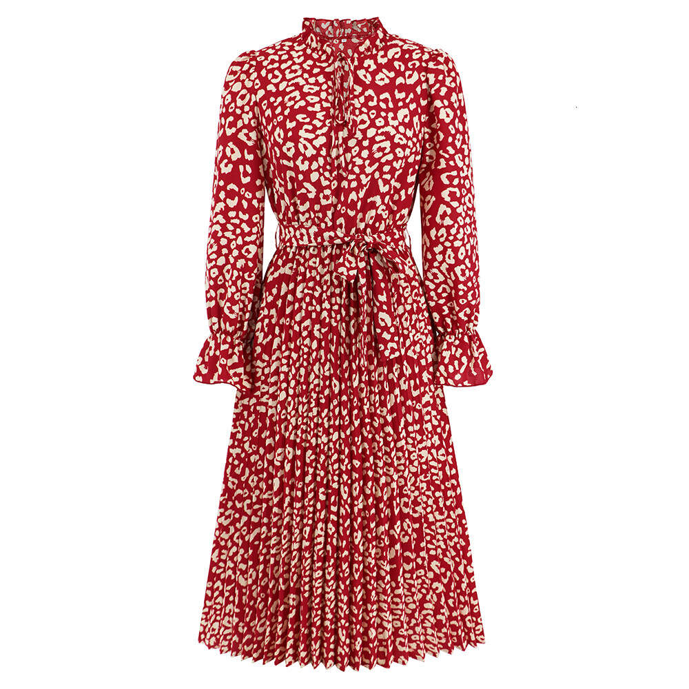 2024 Autumn/winter Women's Wear New Slim Fit Style Leopard Pattern Standing Neck Lace Up Pleated Casual Mid Length Dress