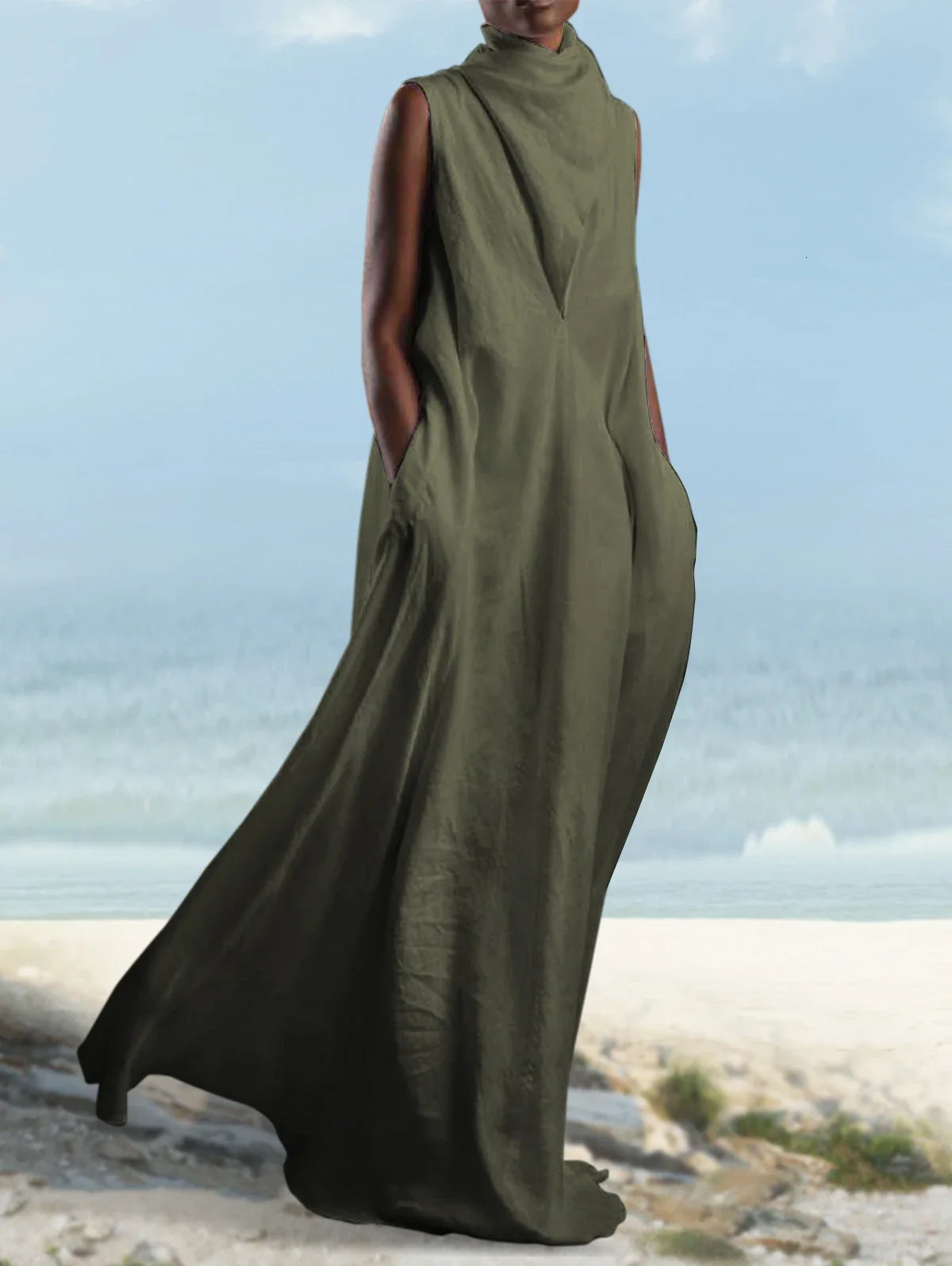 Women Turtleneck wrap Long Maxi Dress Sleeveless Summer Solid Casual Basic Loose Plus Size Maxi Dress For Women 240311