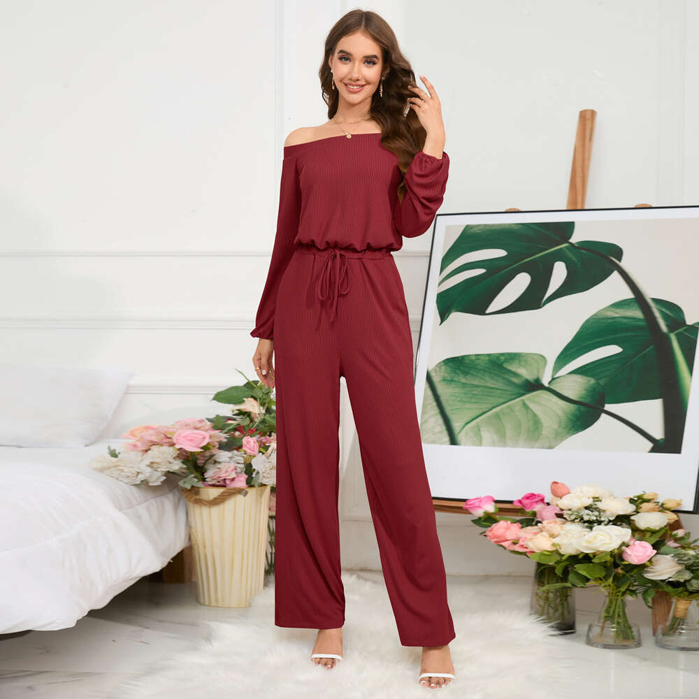 Women's 2024 New Casual Off Shoulder Long Sleeve Fit Waist Jumpsuit Lace Up Wide Leg Pants