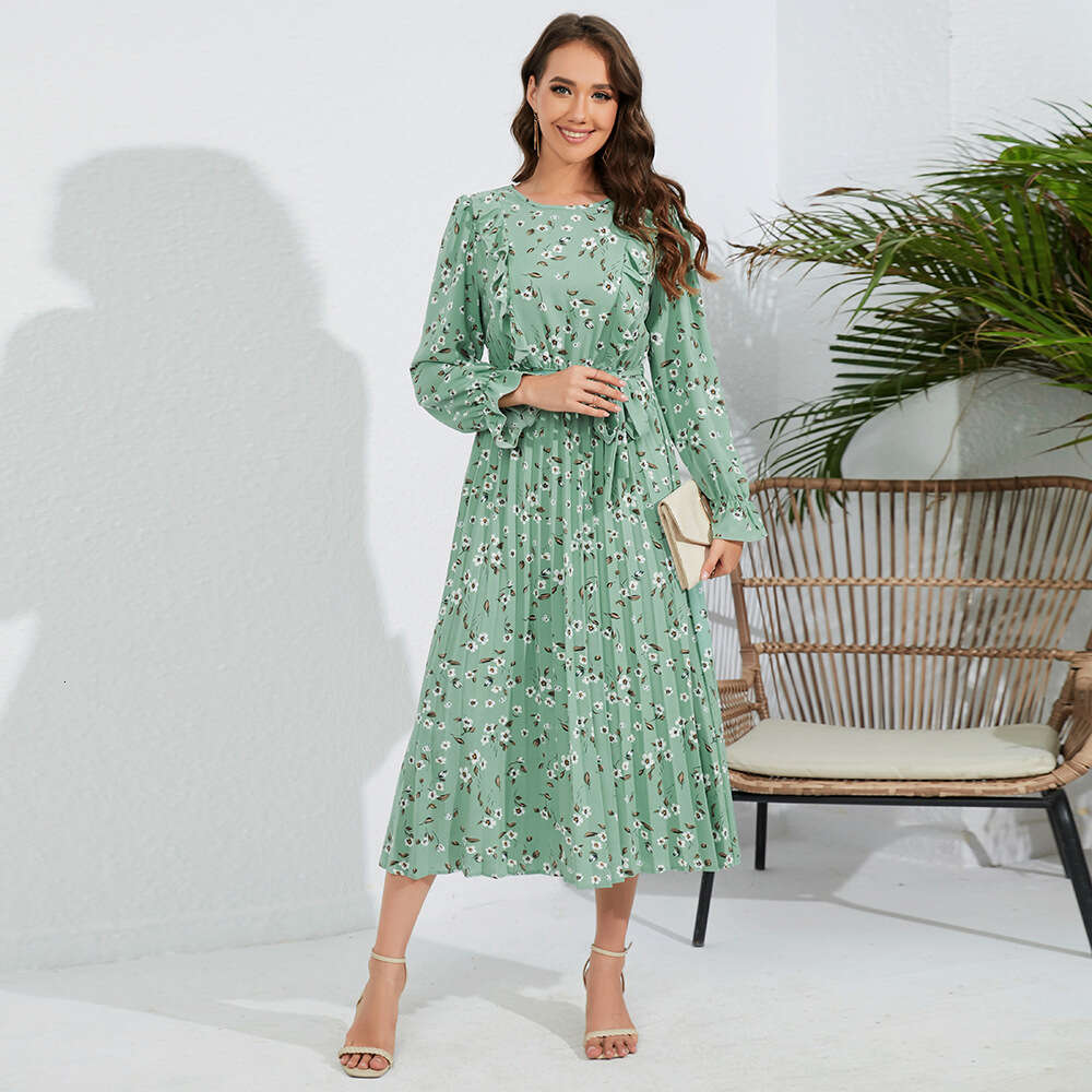 Women's New Ruffle Edge 100 Pleated Round Neck Mid Length Slim Fit Style Fragmented Flower Dress