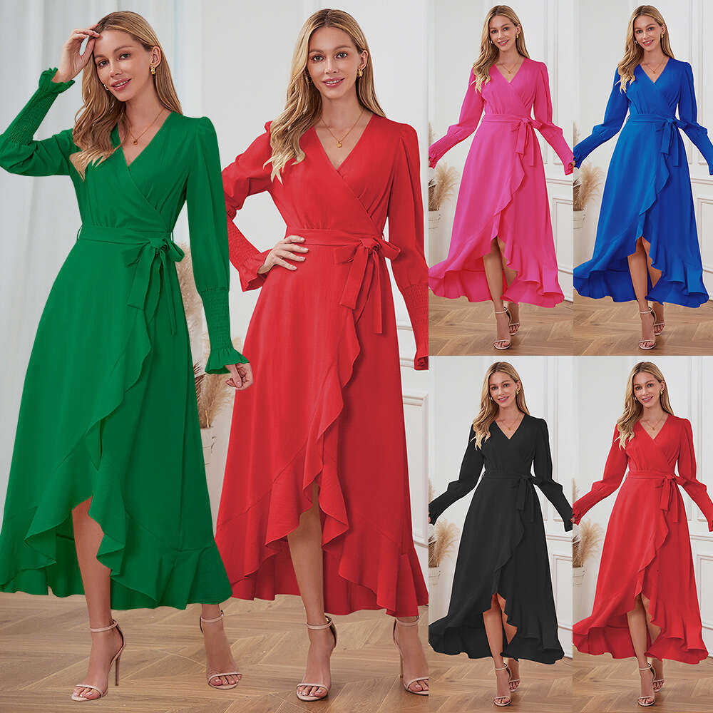 V-neck Ruffle Lace Dress with Cable Fitting Temperament, Long Dress, Large Size Women's Clothing