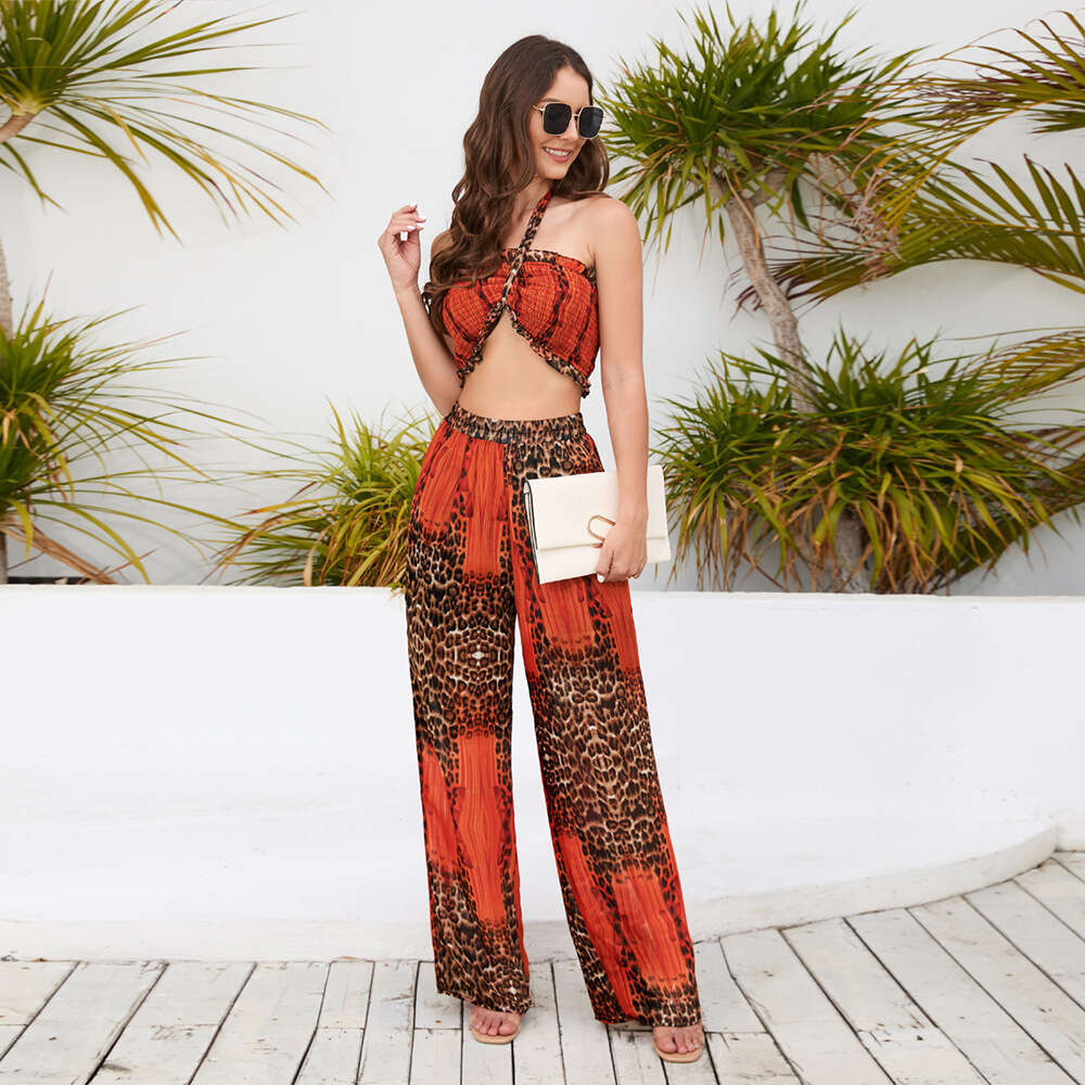 2024 Summer New Slim Fit Bra Hanging Neck Top Printed Wide Leg Casual Fashion Pants Set for Women