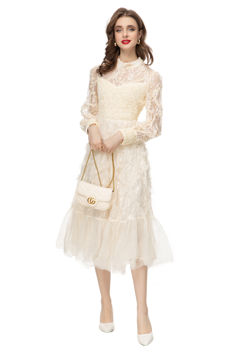 Women's Runway Dresses O Neck Long Sleeves Ruched Ruffles Appliques Fashion Elegant Mid Vestidos