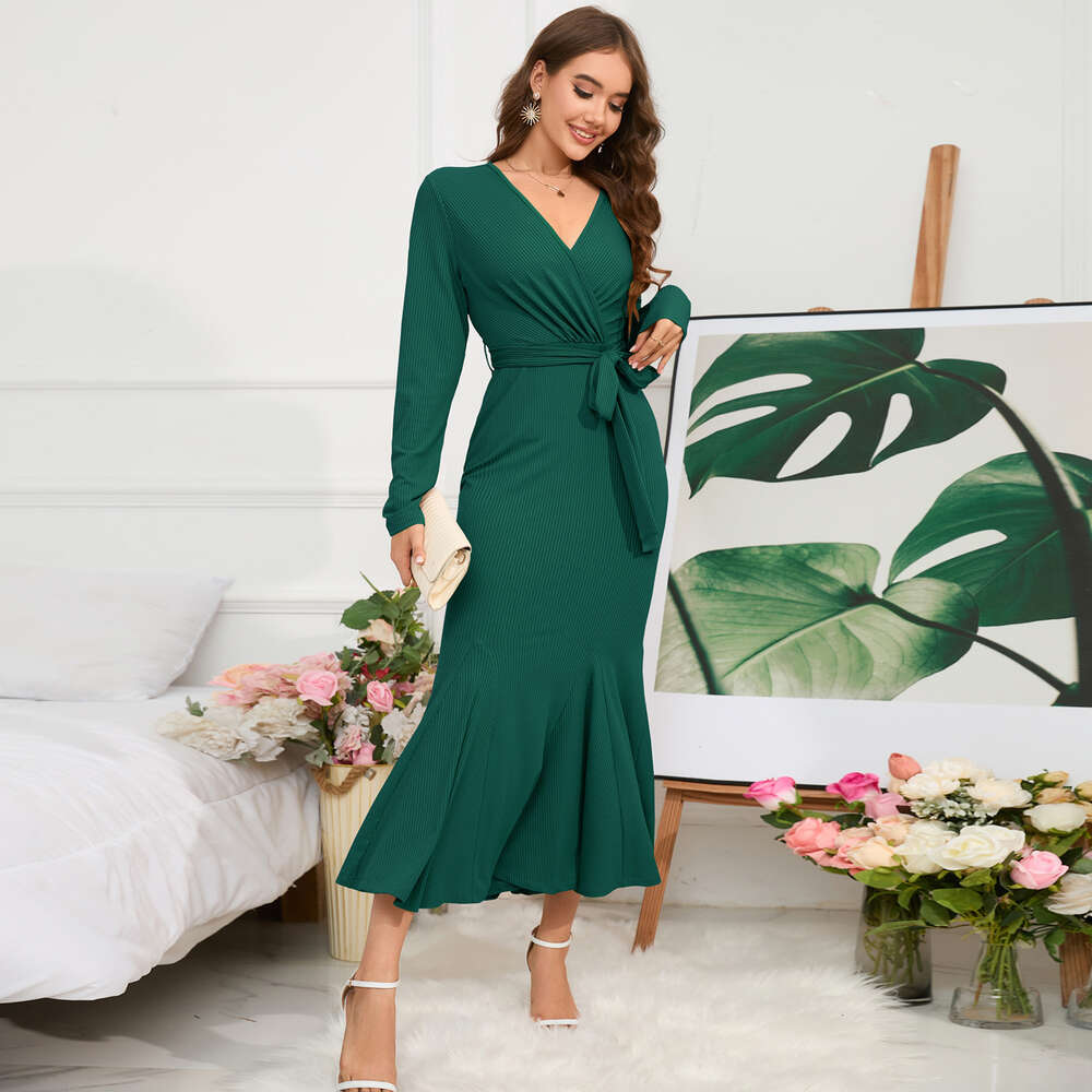 Women's V-neck Sleeve Slim Fit Style Fishtail Knitted Long Dress Large