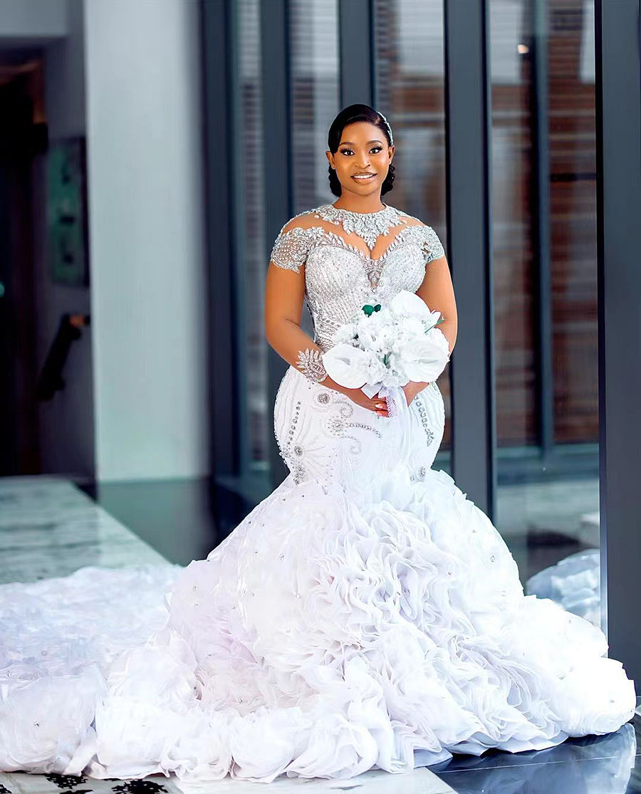 Ebi Arabic Aso Plus Size Mermaid White Wedding Dress For Bride Tiers Tulle Crystals Beaded Bridal Gowns Lz0304