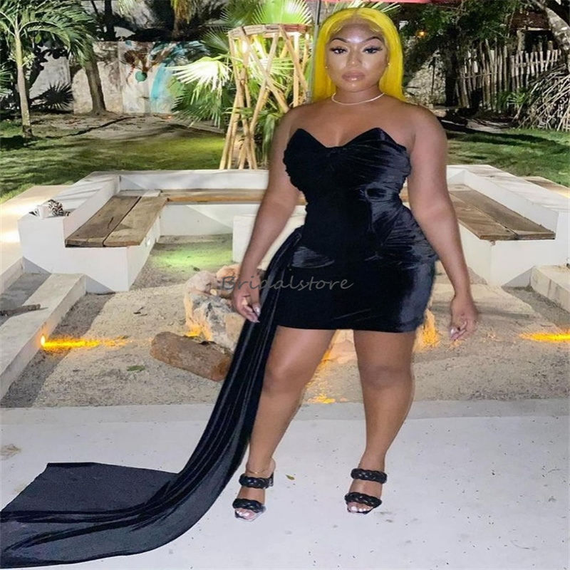 Sexy Black Velvet Short Prom Dress With Train Charming Sweetheart Mini Cocktail Party Dress Chic Black Girls Formal Club Dresses Elegant Women Vestios