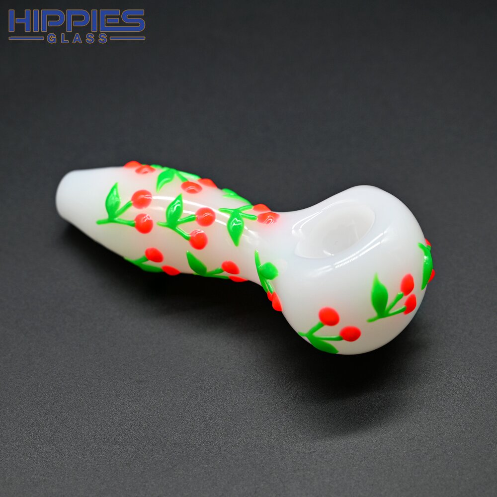 4in,Colorful Hand Drawn Glass Pipe,Cartoon Cherry Pattern With Glow In Dark,White Jade Pipe,Borosilicate Glass Bongs,Glass Hookah,Smoking Accessaries