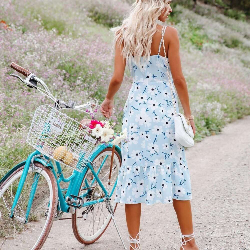 2024 Printed Camisole V-neck Ruffled Dress