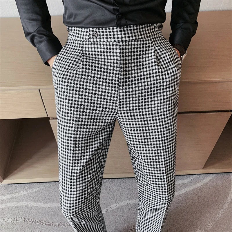 British Style Men High Waist Business Dress Pants Fashion Houndstooth Office Social Suit Pants Wedding Groom Casual Trousers Men 240305