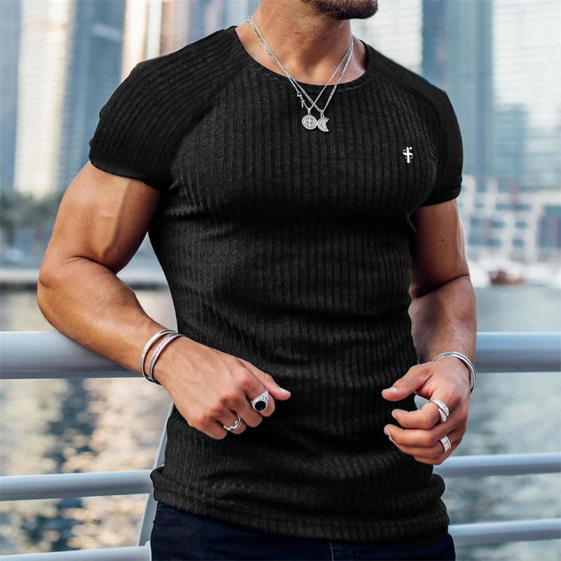 Designer men's sports and leisure quick-drying breathable elastic round neck bottoming shirt vertical stripe printed casual T-shirt