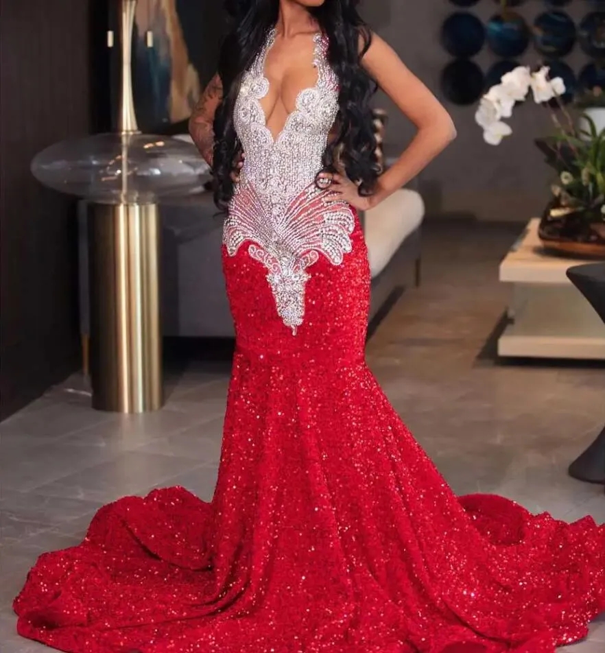 Sequin Sparkly Red Mermaid Prom Dresses Sier Crystal Beaded Sheer Neck Long Formal Party Evening Gowns For Black Girls
