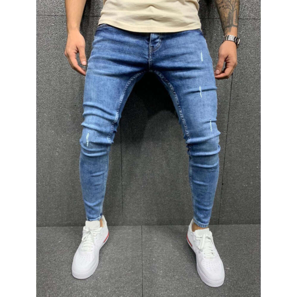 High Quality Worn-out Small Foot Stretch Tight Fitting Jeans, Men's Jeans