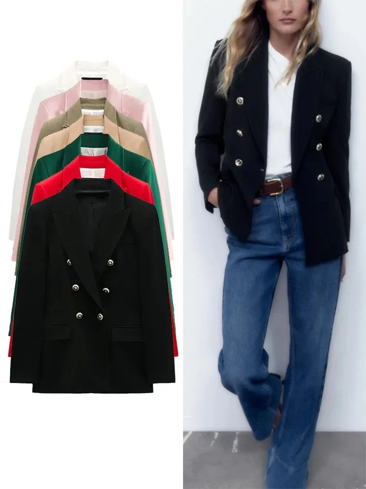 TRAF Womens Fashion V-Neck Blazer Long Sleeve Gold Button Slim Jacket Street Style Elegant Blazer Womens Casual Office Blazer 240229