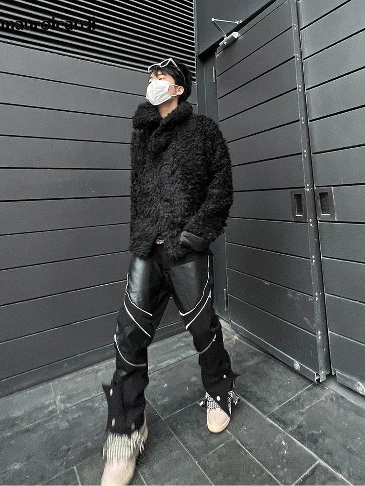Mauroicardi Spring Autumn Long Black Patchwork Pu Leather Pants Men with Many Zippers Clothing Trousers Fashions 240305