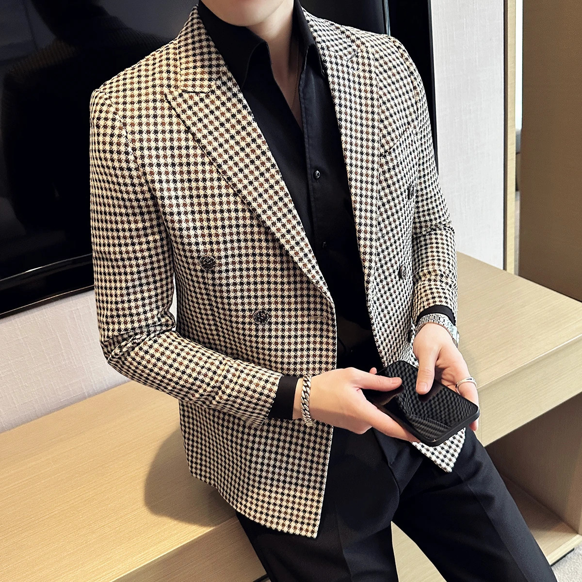 British Style Fashion Double Breasted Casual Blazer Coat 2023 Men Check Slim Fit Suit Jacket Formal Office Wedding Tuxedo 240311