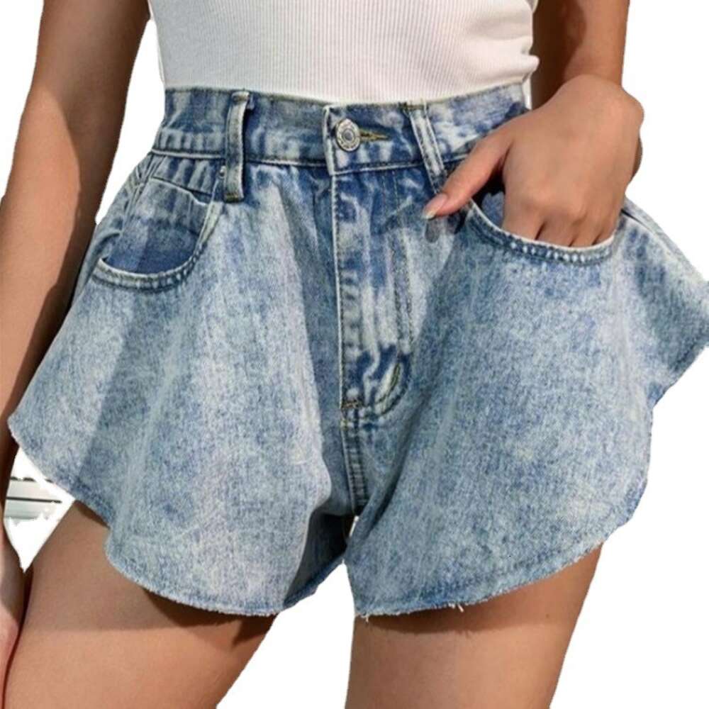 Summer New Women's Denim Shorts Irregular Jeans High Waist Ruffle Edge Flare Pants