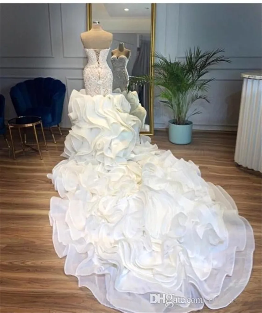 Mermaid Wedding Dress Sweetheart Beaded Pearl Tiered Ruffles Chapel Train Bridal Gowns Off Shoulder Sexy Bride Dresses Plus Size
