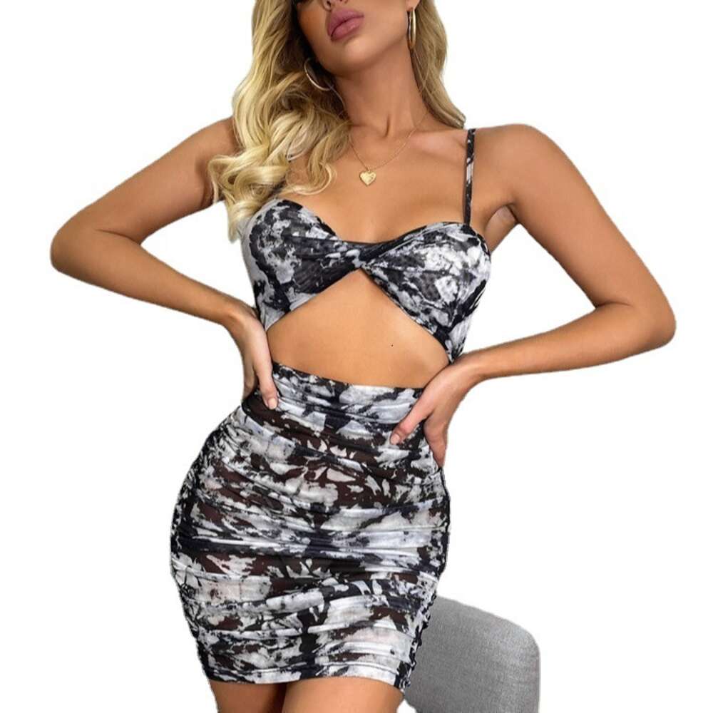 2024 Women's Sexy Ink Tie Dye Hanging Strap Dress Slim Fit Short Skirt for Women