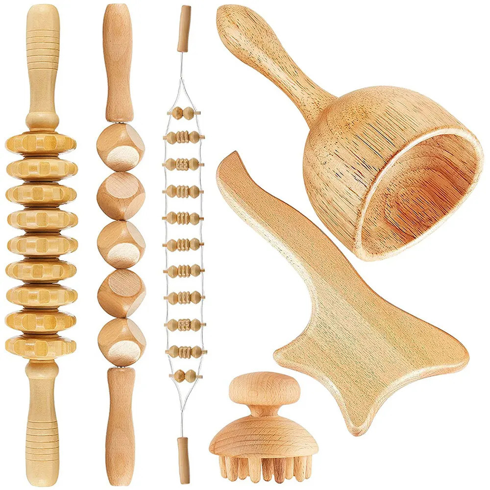 6 In 1 Wood Therapy Massage Tool Lymphatic Drainage Massager Anti Cellulite Fascia Massage Roller for Full Body Muscle relaxatio 240312