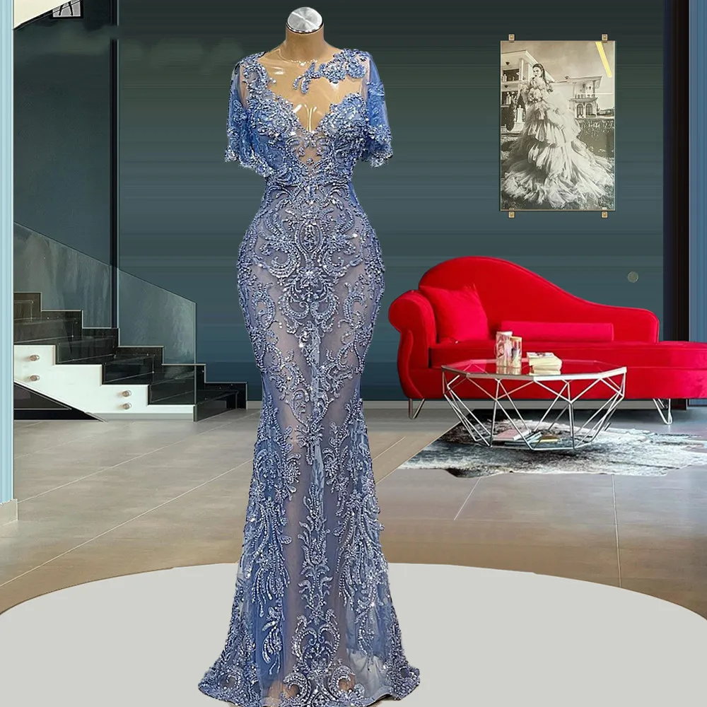 Fashion Mermaid Evening Dress Lace Sequins Beading Prom Gowns Cap Sleeve Formal Dresses Vestidos De Novia 6660305