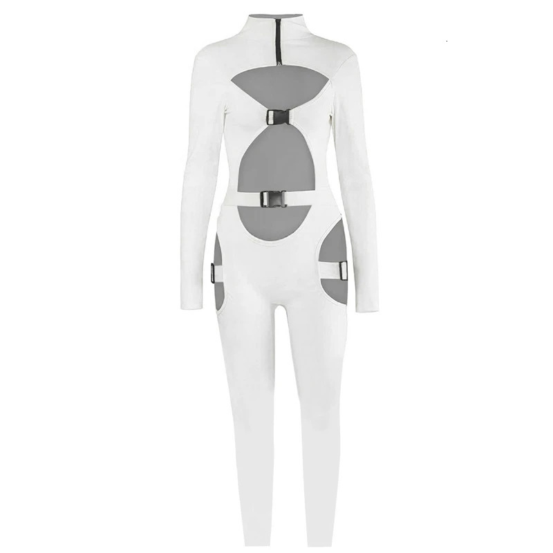 Sexy Women Bodycon Jumpsuit Solid Color Overalls Long Sleeves Rompers Bodysuits High Neck Hollow Out Buckle Biker Short Clubwear 240311
