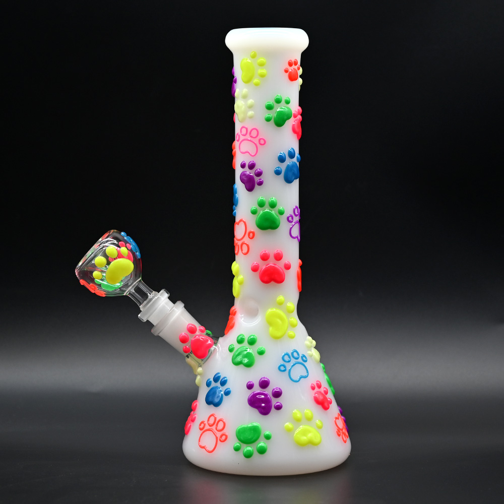 White Jade Glass Water Pipe,Cute Cartoon Glass Bongs,Borosilicate Glass Bottle With Colorful Luminous Cat Paw,Glass Hookah,Hand Painted,Smoking Access