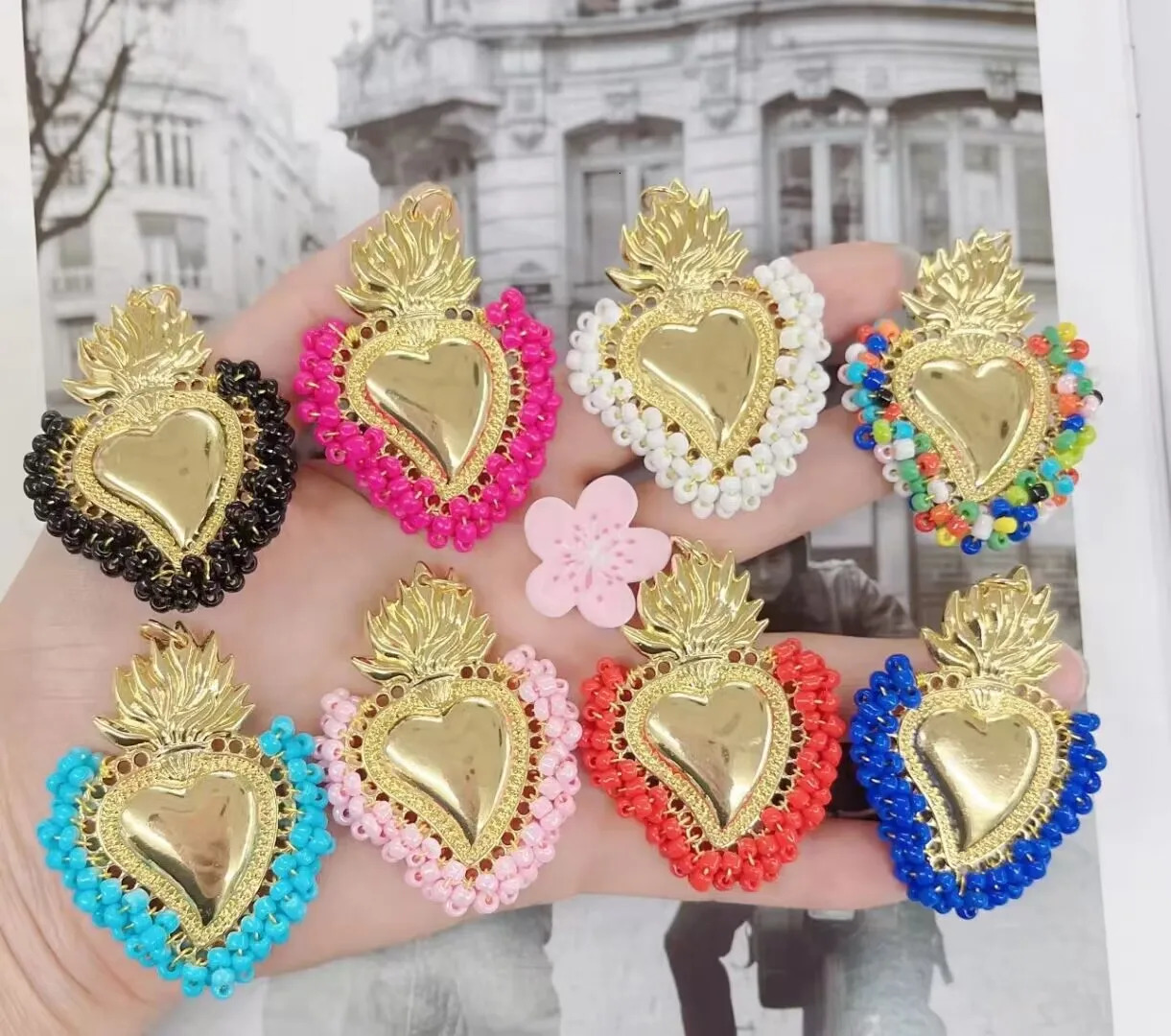 10Pcs Bohemia Gold Plated Colorful Miyuki Beads Love Heart Pendant Fashion Christian Pendants Copper Bead Chain Necklaces 240314