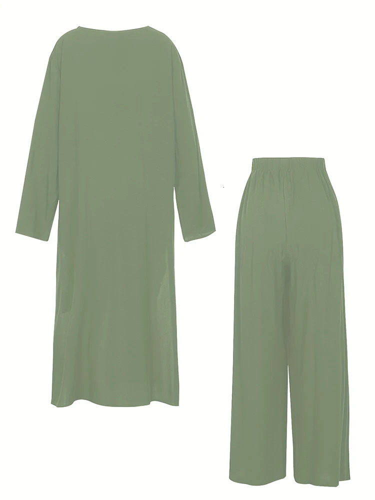 Plus Size Womens 2023 Fall Two Piece Outfits Long Sleeve V Neck Shirts Wide Leg Pants Casual Cotton Linen Tracksuits Sets 240307