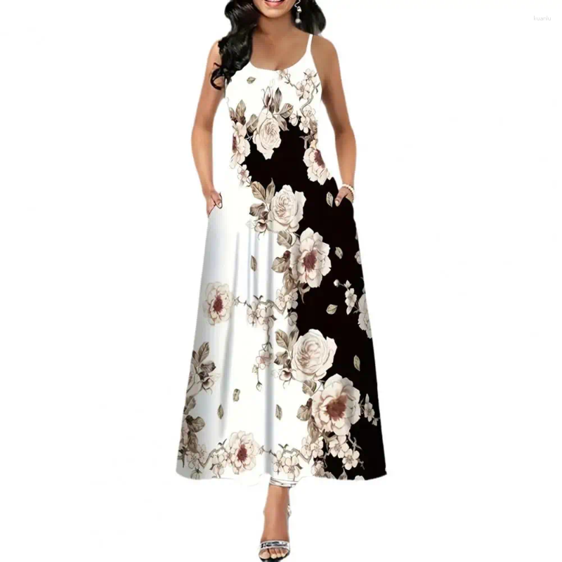 Casual Dresses Print Long Dress Elegant Maxi With Pockets Womens Sleeveless A-line Summer Round Neck Backless Ankle Length
