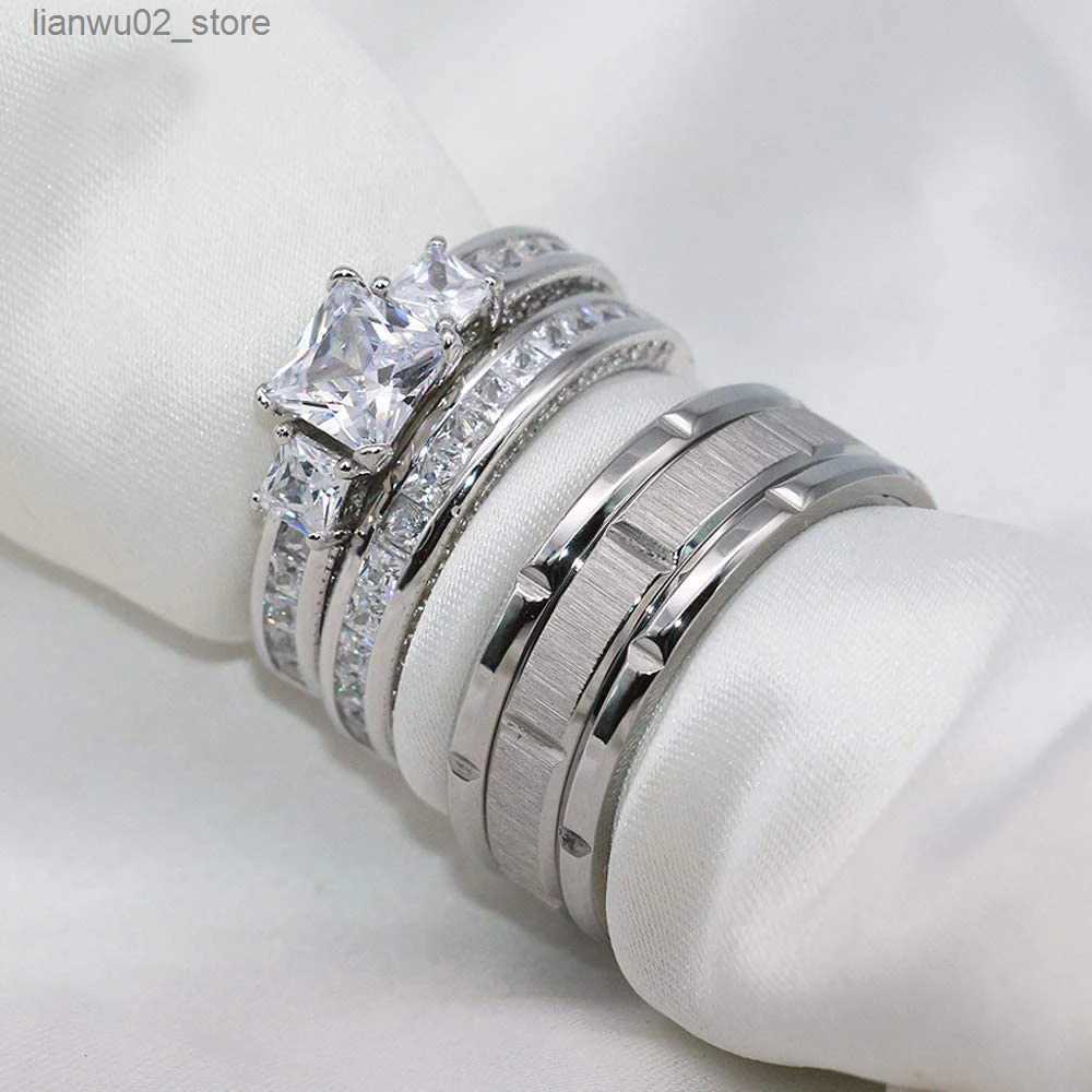 Wedding Rings 2023 Couple Ring Womens Exquisite Rhinestone Zirconia Ring Set Simple Stainless Steel Mens Ring Fashion Jewelry Gift for Lovers Q240315