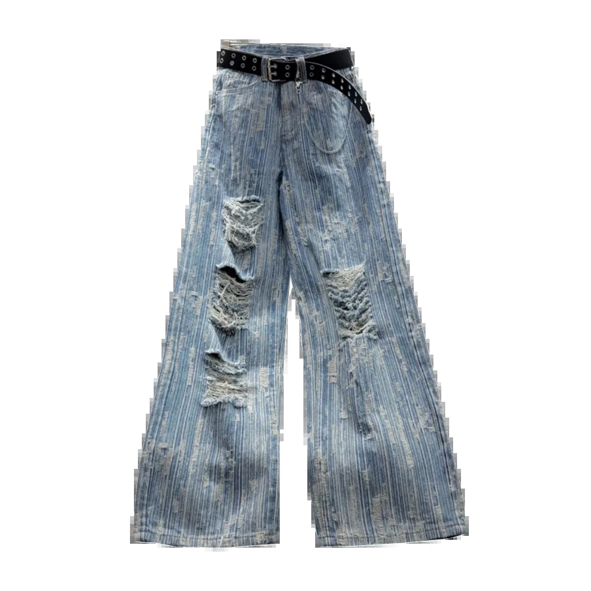 Striped Ripped Jeans for Women Spring Autumn Washedout StraightLeg Pants Denim High Waisted Vintage Clothes 240307