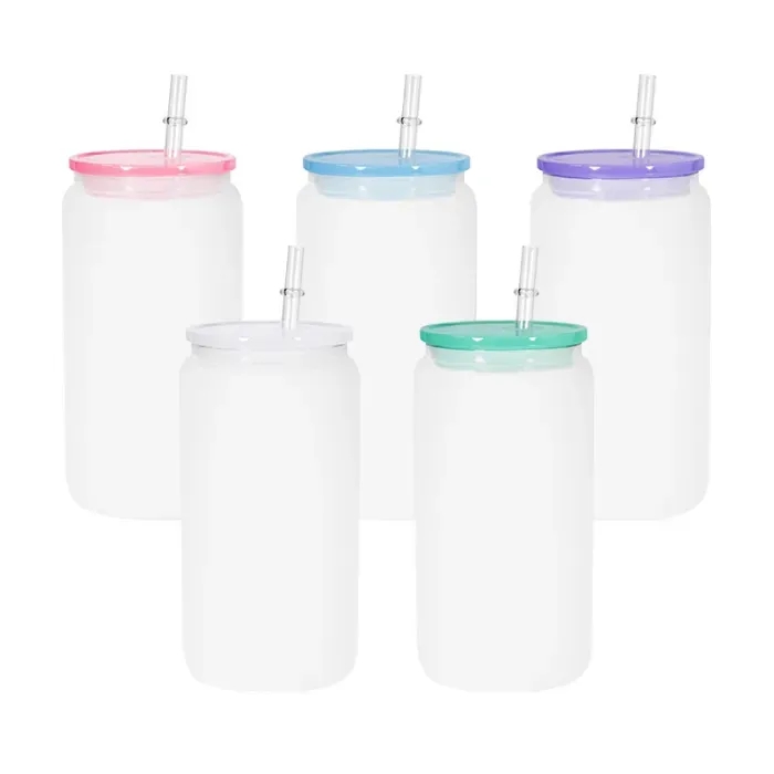 Blank Sublimation 16oz Glass Can with PP Lids Tumbler shape Bottle with Lid and Straw Summer Drinkware Mason Jar Juice Cup Z11