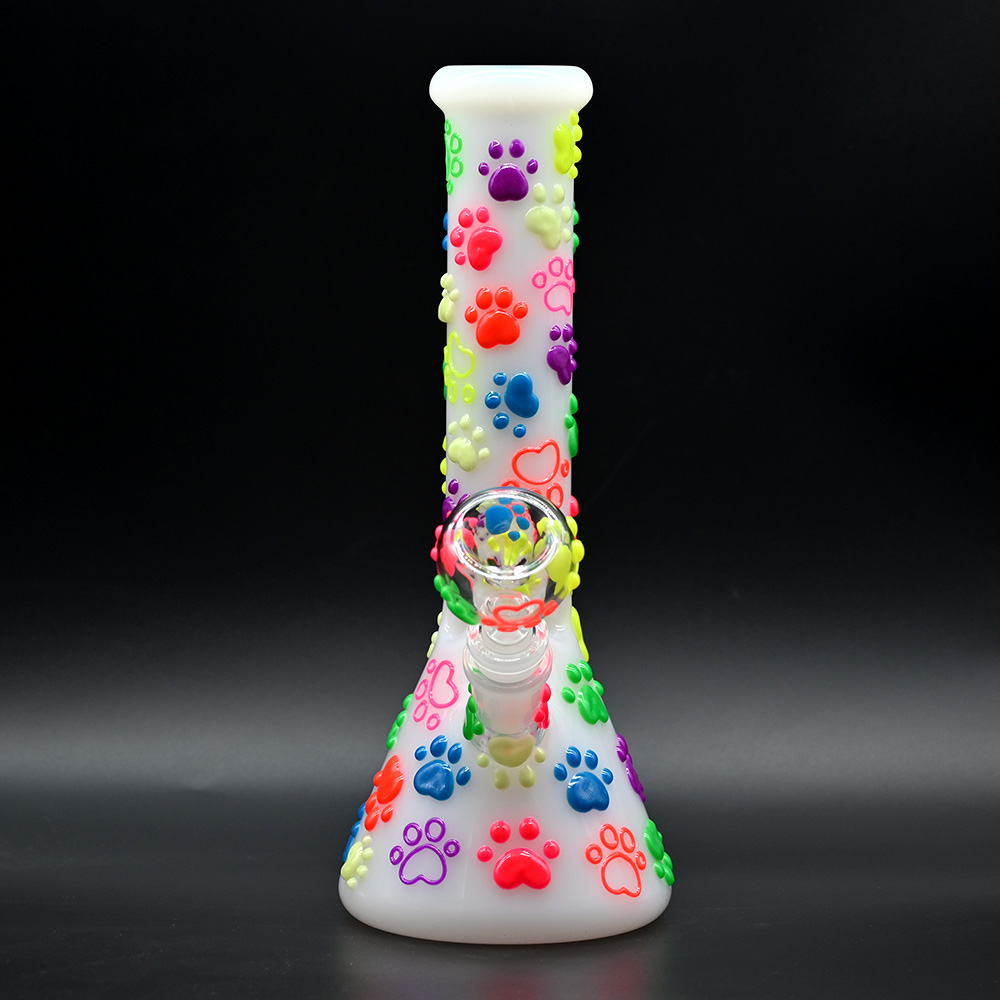 White Jade Glass Water Pipe,Cute Cartoon Glass Bongs,Borosilicate Glass Bottle With Colorful Luminous Cat Paw,Glass Hookah,Hand Painted,Smoking Access