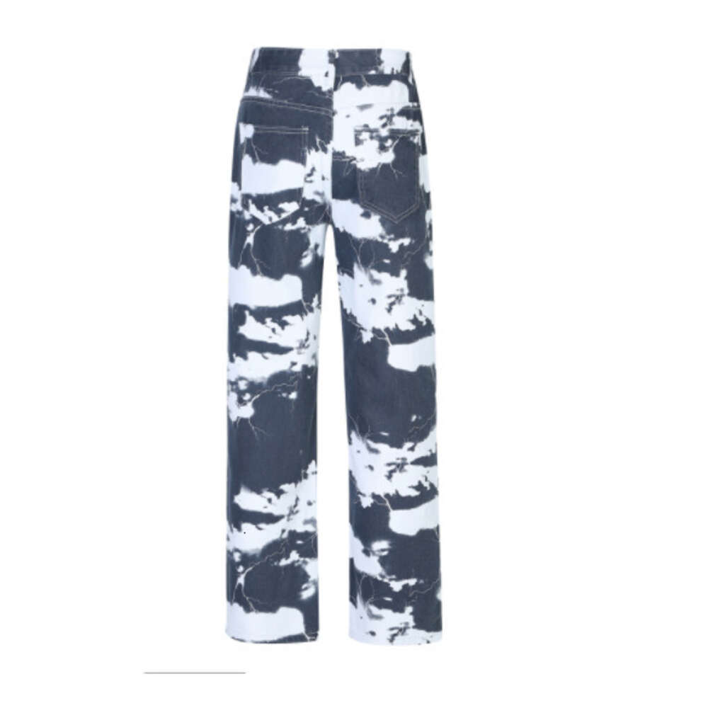 Trendy High Street Wash Tie Dye Printed Denim Men's Hip Hop Wide Straight Leg Dad Pants