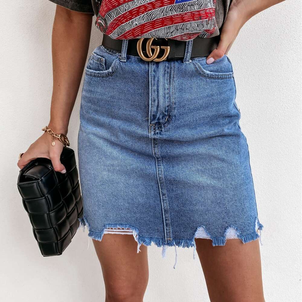 2024 Summer New Denim Short Skirt Casual Bag Hip Wash Plush Edge Perforated Women