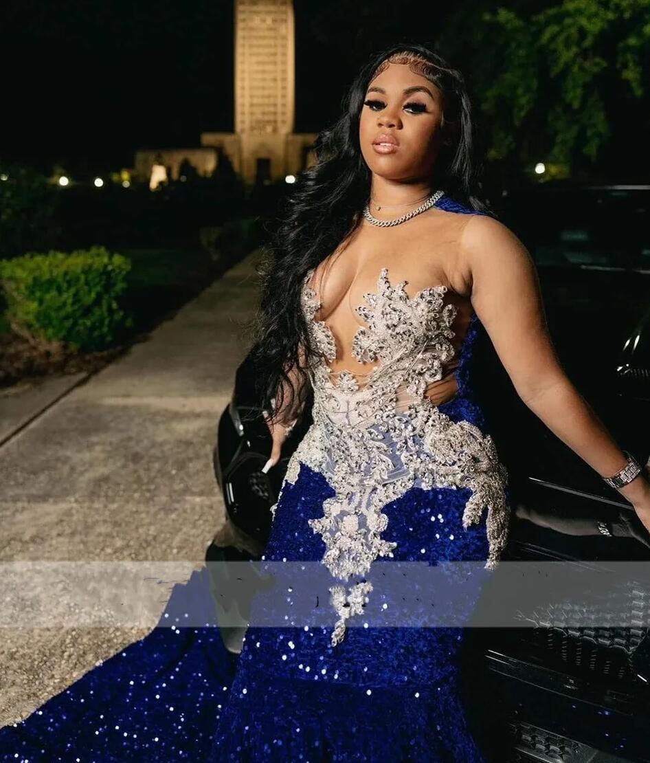2024 Royal Blue Sequins Beaded Appliques Prom Dresses For Black Girls Sheer Neck Sweep Train Mermaid Formal Occasion Gowns