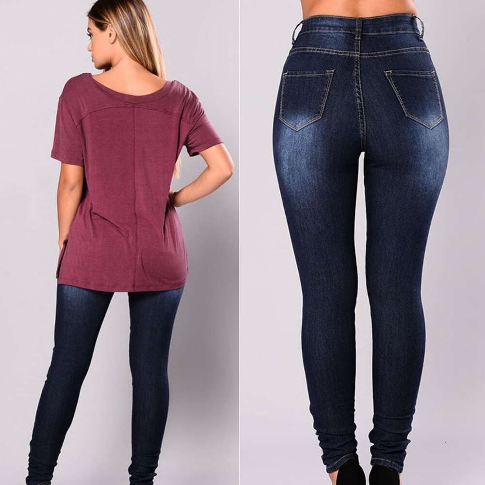 Women's Mid Rise Slim Fit Elastic Washed and Worn-out Denim Pants Hot