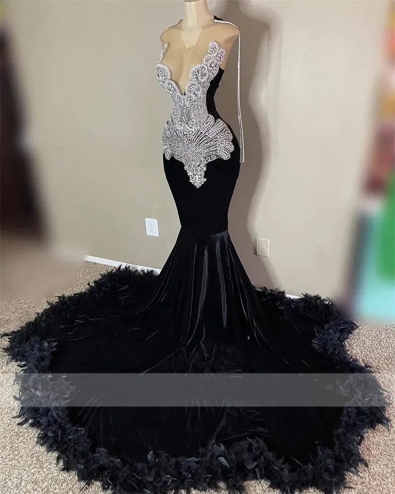 Black Velvet Sheer O Neck Long Prom Dress For Black Girls 2004 Beaded Crystal Birthday Party Dresses Feathers Mermaid Evening Gown Tassel