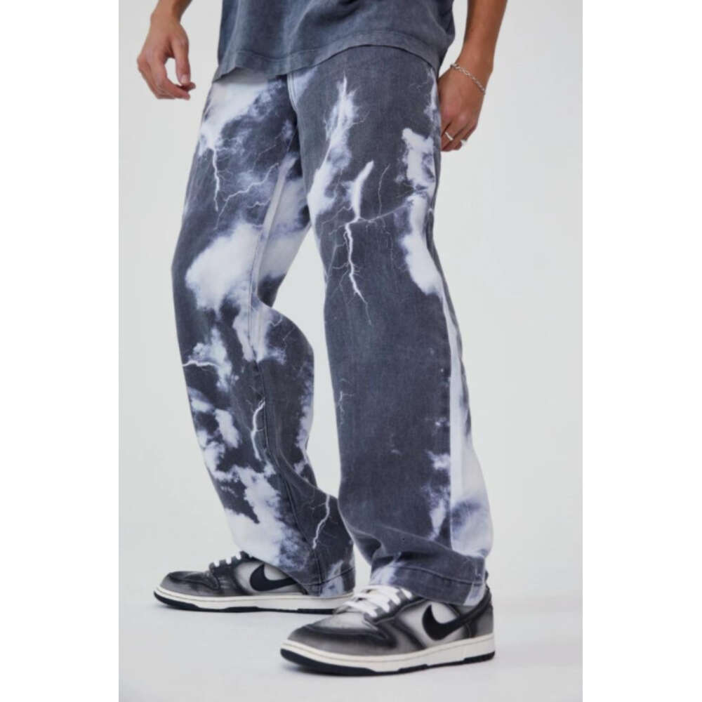 Trendy High Street Wash Tie Dye Printed Denim Men's Hip Hop Wide Straight Leg Dad Pants